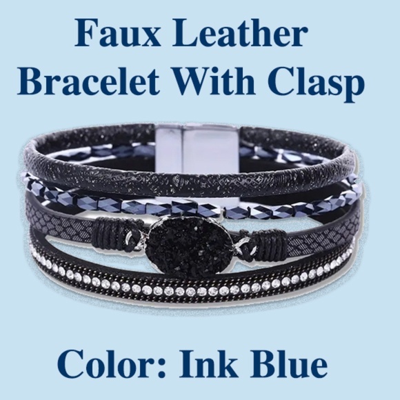 Ink Blue Multi Layer Bracelet - Crystal Studded Faux Leather Magnetic Clasp - Picture 4 of 4